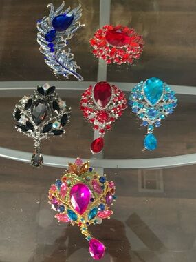 Multicolor Teardrop Crystal Brooch - Pink, Blue, Red, Black, Gold Accents (6)